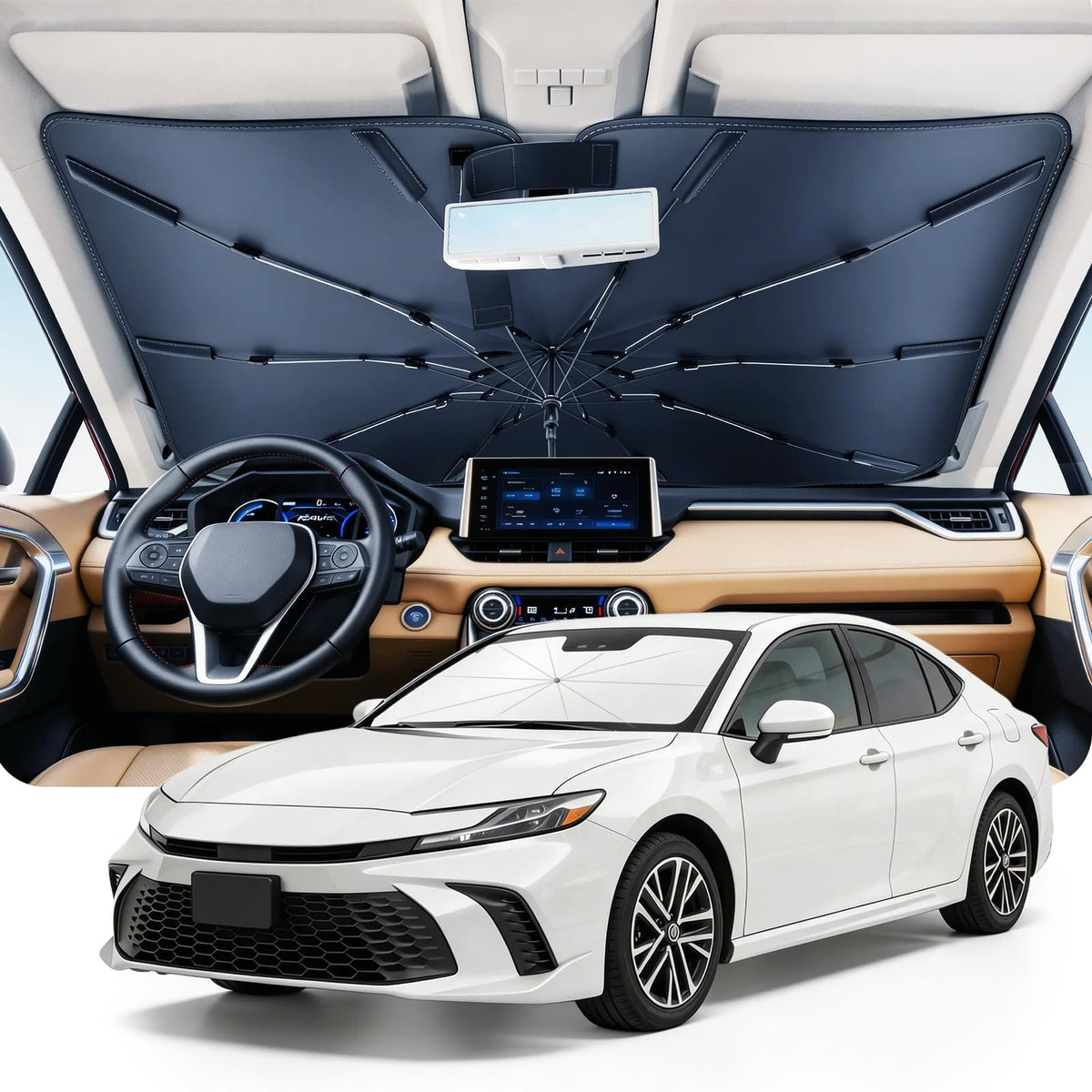 DMJN Umbrella Windshield Sun Shade for Car & SUV, Car Sunshade for Front Windshield [Nano Ice-Crystal Coatings] UPF50+ Heat & UV Block, Protect Interior & Keep Cooler Universal for Most of Sedan & SUV