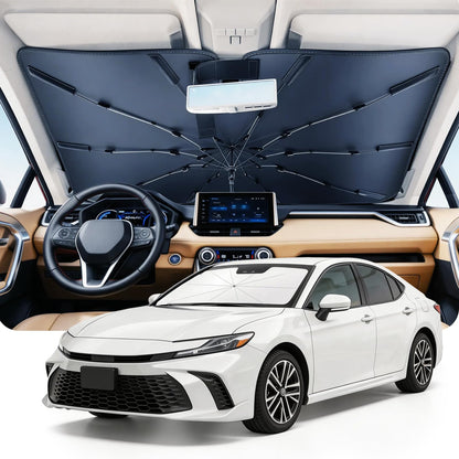 DMJN Umbrella Windshield Sun Shade for Car & SUV, Car Sunshade for Front Windshield [Nano Ice-Crystal Coatings] UPF50+ Heat & UV Block, Protect Interior & Keep Cooler Universal for Most of Sedan & SUV