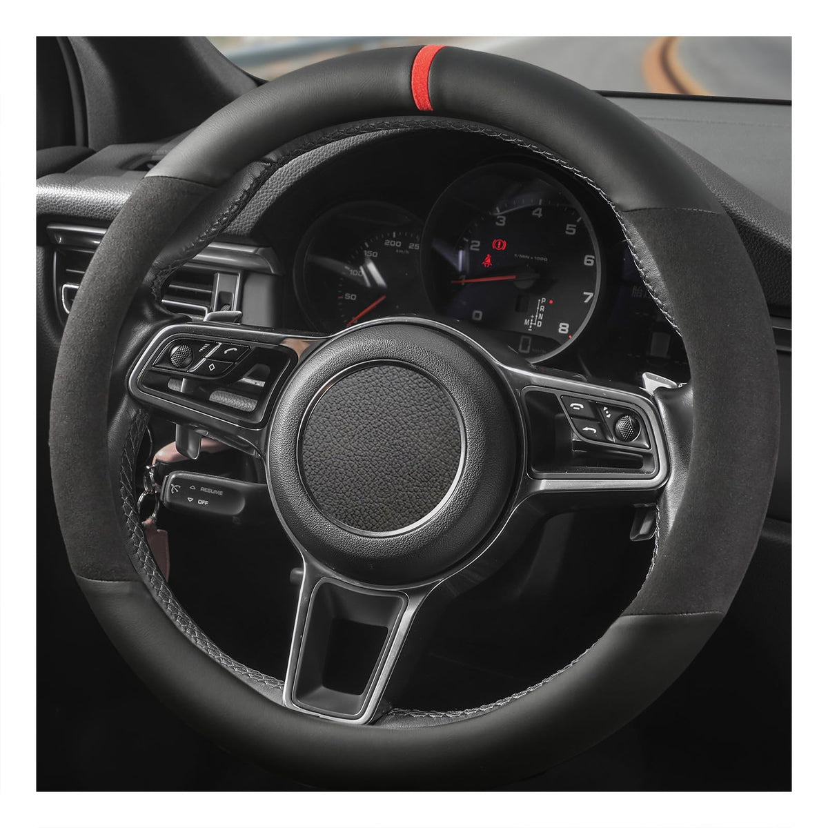 Suede Steering Wheel Cover with Upgraded Silicone Inner Ring, Anti Heat, Breathable, Anti-Slip, Leather Universal 14.5 to 15 inch Steering Wheel Cover (Black and Red, Solid)