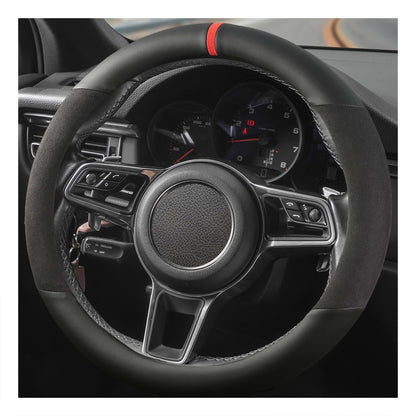 Suede Steering Wheel Cover with Upgraded Silicone Inner Ring, Anti Heat, Breathable, Anti-Slip, Leather Universal 14.5 to 15 inch Steering Wheel Cover (Black and Red, Solid)