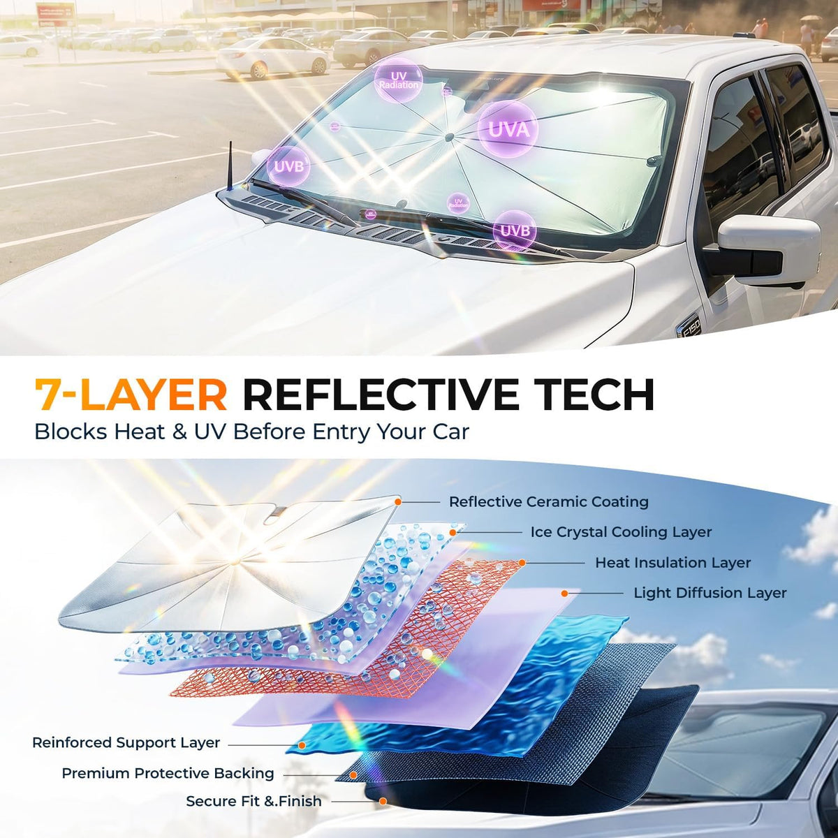 [2026 Upgraed] DooGooCoo Windshield Sun Shade Umbrella for Toyota Tacoma [100% Sunlight Blocked, Ice Crystal Cool] Sunshade for Car Windshield for Tacoma Sun Shade 2016-2026, Custom Fit for Tacoma.