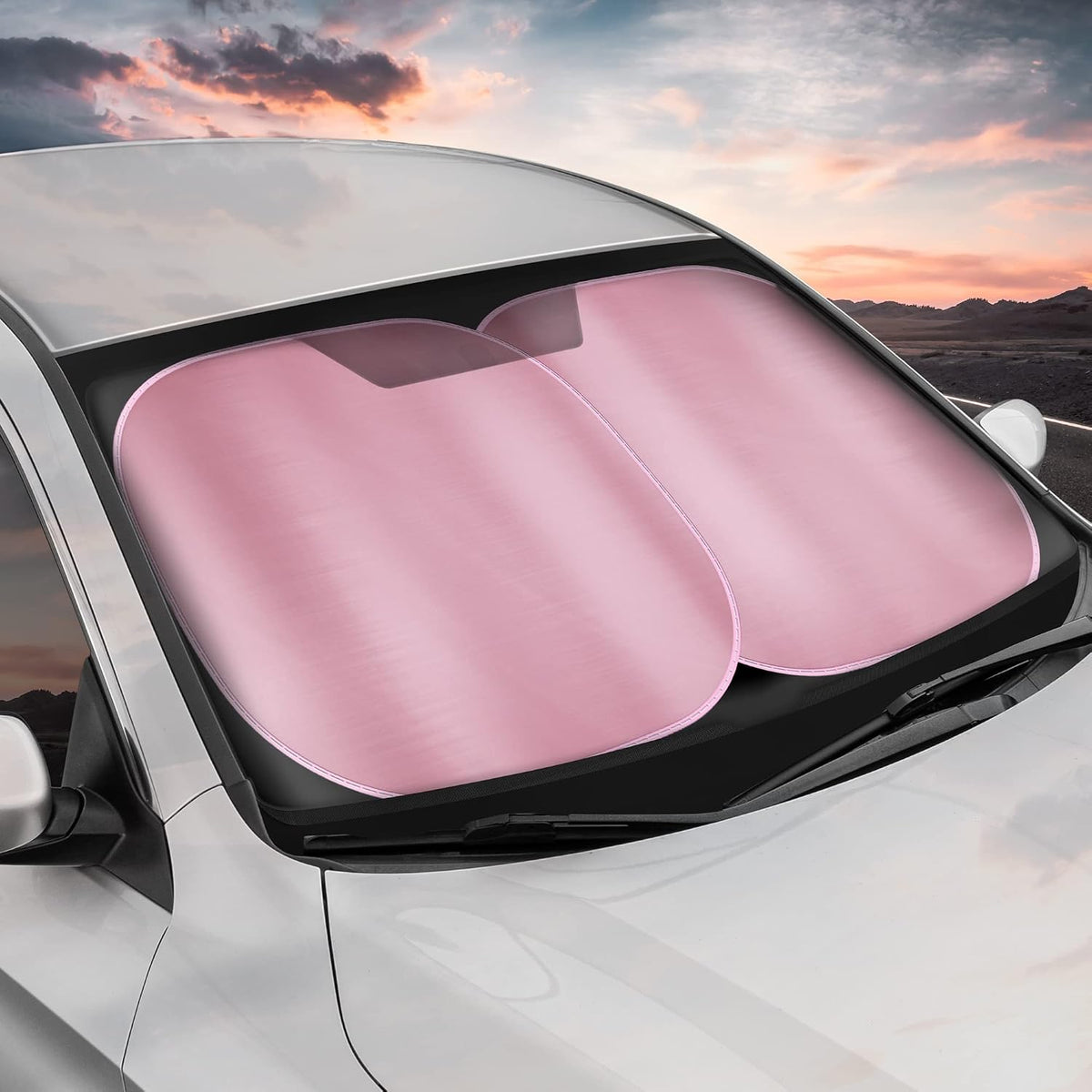 Carbella 2PC Metallic Pink Car Windshield Sun Shade - Car Accessories Sunshade for Windshield - Blocks UV Rays Sun Visor for Window Protector - Easy Setup Keeps Your Vehicle Cool - 31.75 x 28.76
