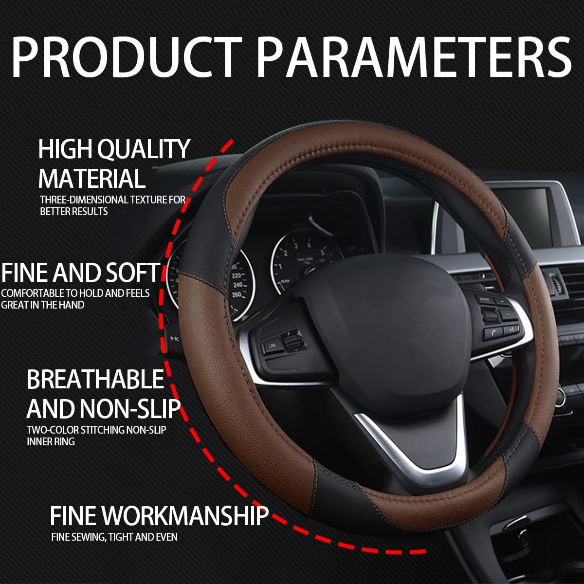 BESULEN 15 Inch Steering Wheel Cover Soft Leather Protector Black/Coffee