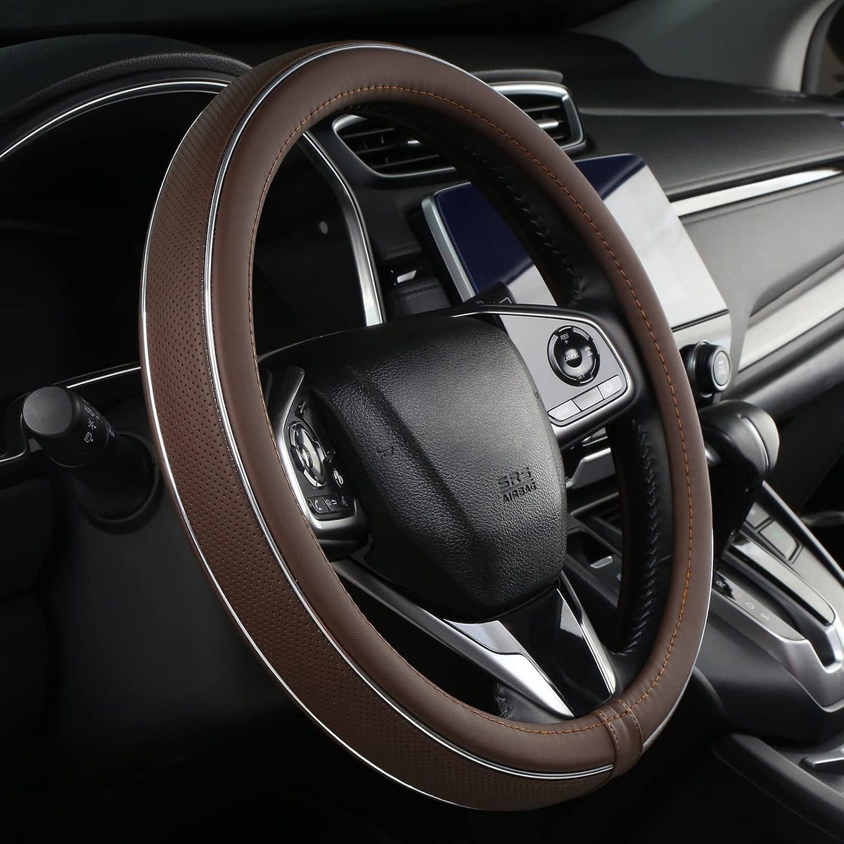 ALEMODR Green Leather Steering Wheel Cover Fiber Strip Car Steering Wheel Cover Universal 15 inch