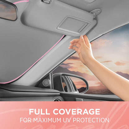 Carbella 2PC Metallic Pink Car Windshield Sun Shade - Car Accessories Sunshade for Windshield - Blocks UV Rays Sun Visor for Window Protector - Easy Setup Keeps Your Vehicle Cool - 31.75 x 28.76