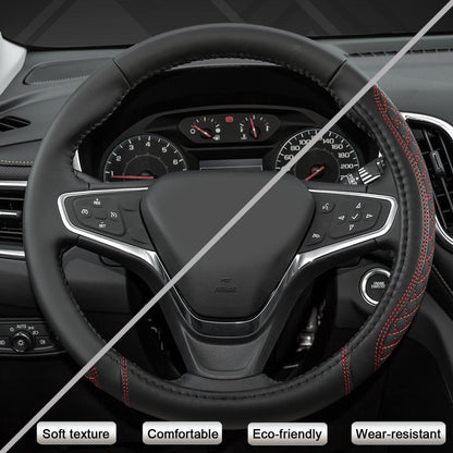 West Llama Customized Auto Car Steering Wheel Cover for Chevy Silverado,Tahoe,Equinox,Traverse,Trailblazer,Colorado (Diamond Quilted-Black+Red-Standard Size)