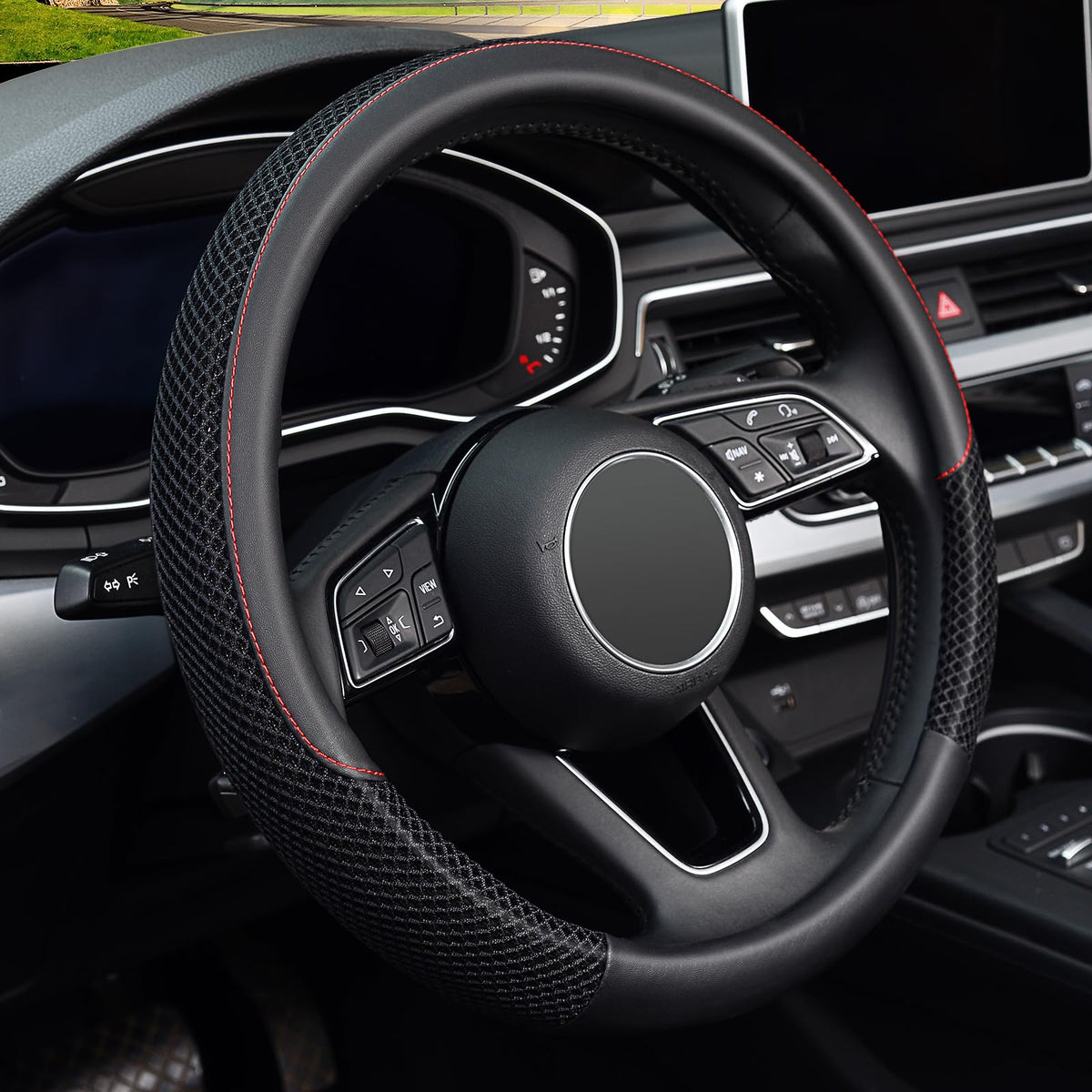 KAFEEK Steering Wheel Cover, Cooling Ice Silk Leather, 15 Inch, Blue