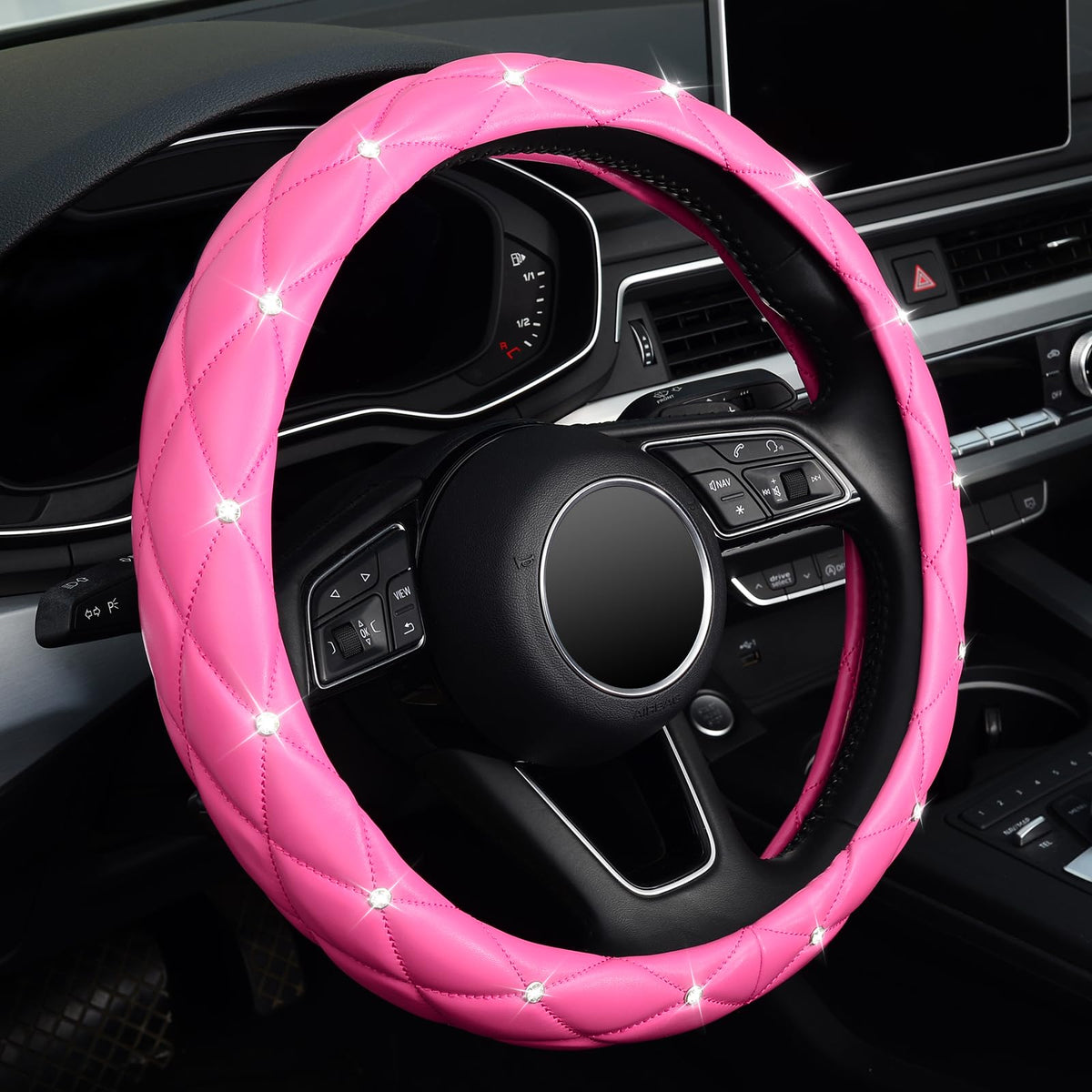 KAFEEK Diamond Leather Steering Wheel Cover, 15 Inch, Black