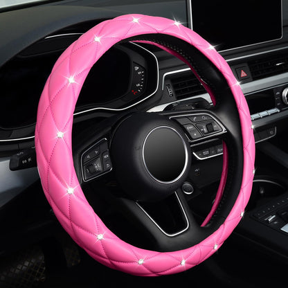 KAFEEK Diamond Leather Steering Wheel Cover, 15 Inch, Black
