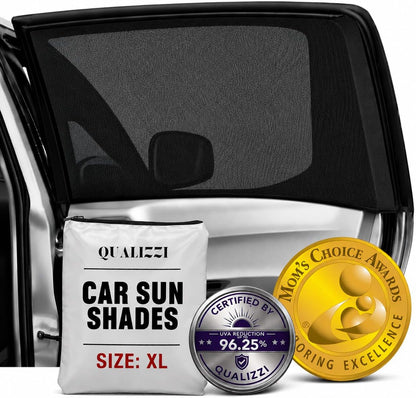 XL/Car Side Window Shades for SUV. 8 Sizes/2 Pack. Stretch-to-Fit Mesh for Rear Windows Up to H:20" x W:46". Sun, Heat & Bugs Protection, Blocks 96% UVA. Camping Windows Screens | Qualizzi®