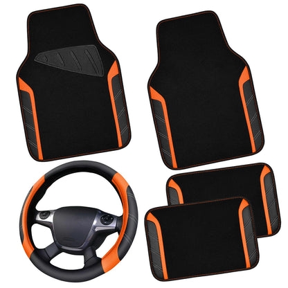 CAR PASS Microfiber Steering Wheel Cover and Waterproof Car Floor Mats,Leather Universal Car Combo Fit for 95% Truck,SUV,Cars,14.5-15inch Sporty Anti-Slip Safety Comfortable Design(Black and Pink)