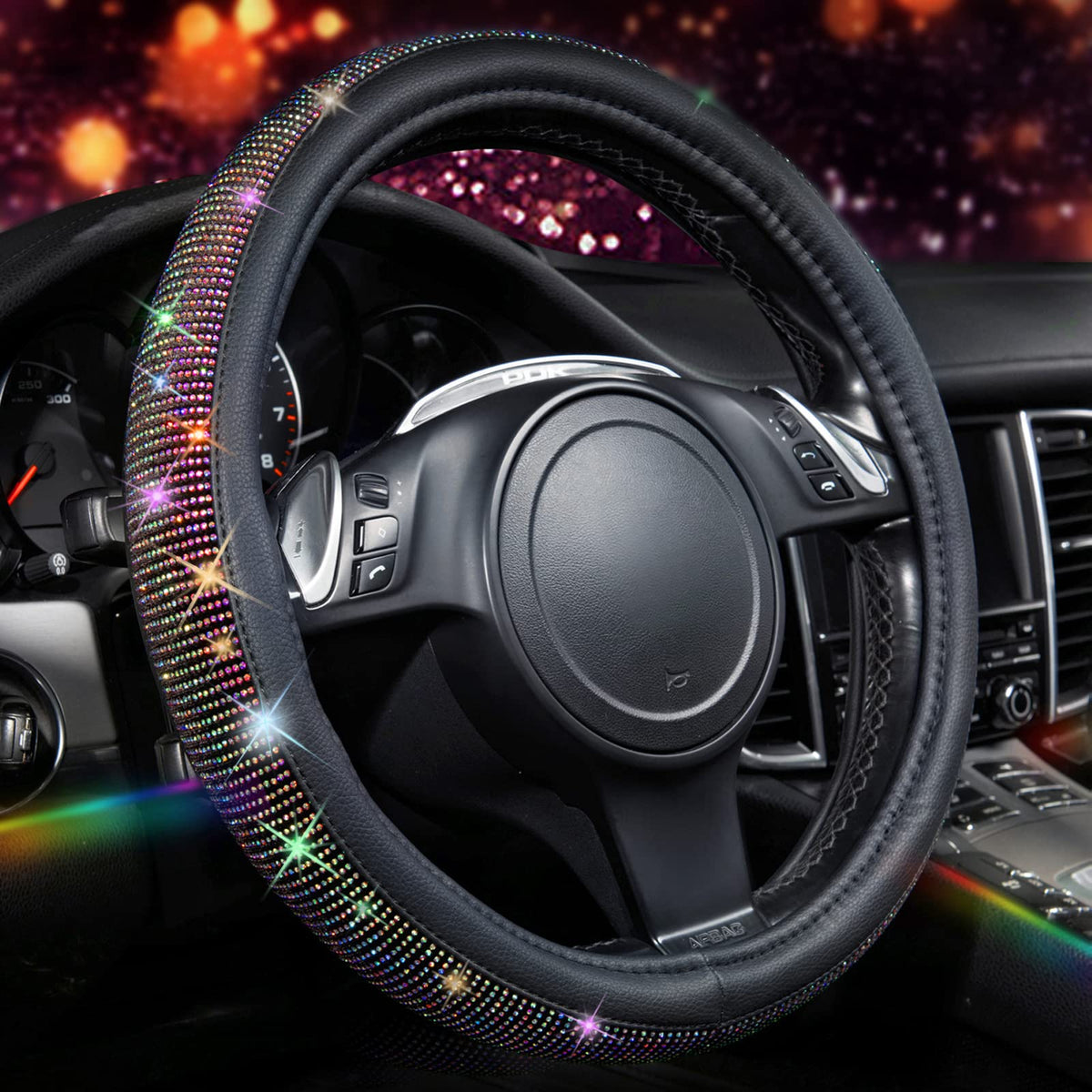 CAR PASS Bling Diamond Leather Steering Wheel Cover, with Bling Sparkly Crystal Glitter Rhinestones Universal Fit 14" 1/2-15" Car Wheel Protect for Women Girl Fit Suvs,Vans,Sedans,Cars,Trucks, Blue