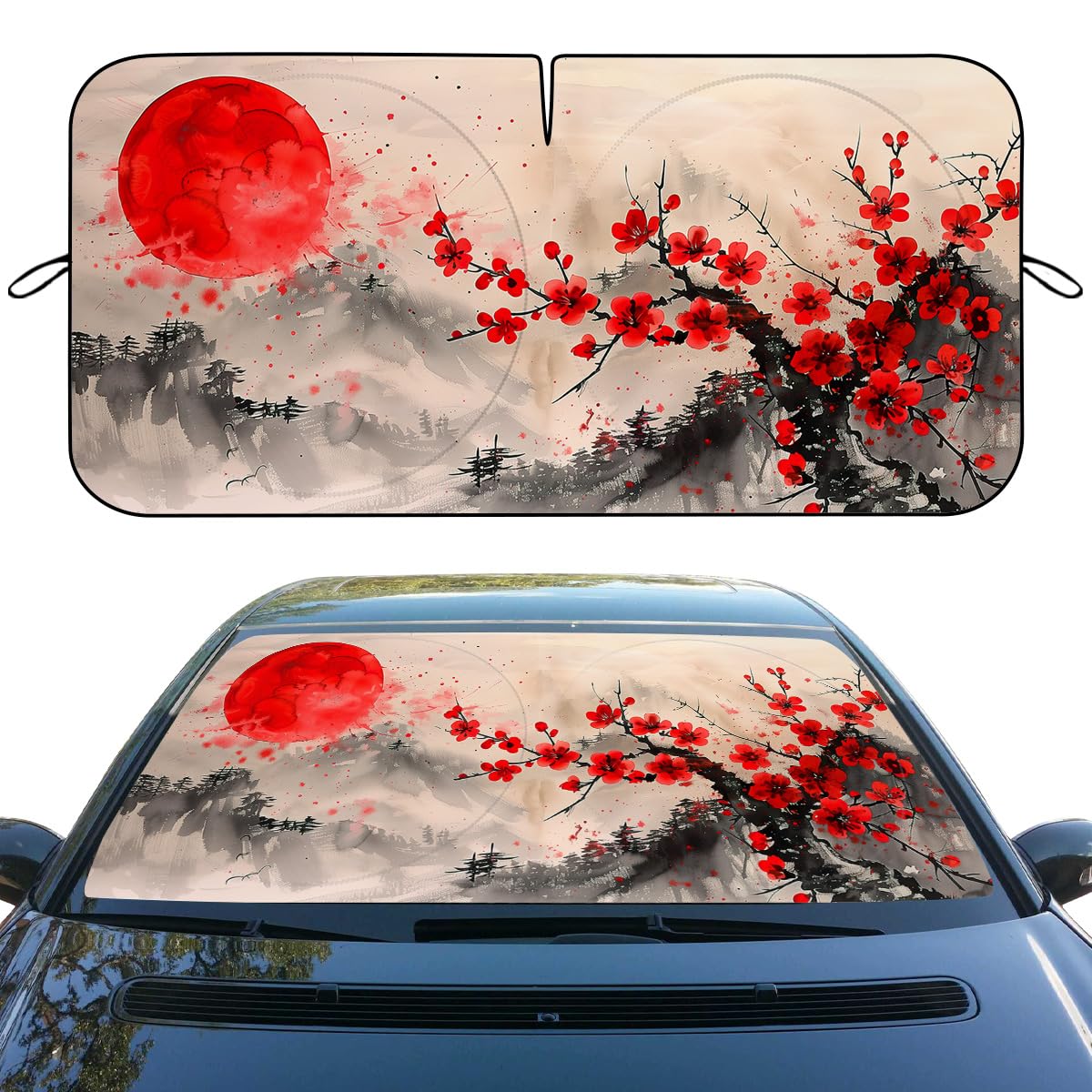 Japanese Cherry Blossoms Car Windshield Sunshade - Folding Red Sun Heatshield Front Window Sun Shade Visor Protector for Sedan, Truck, SUV - 59" L x 31.5" W