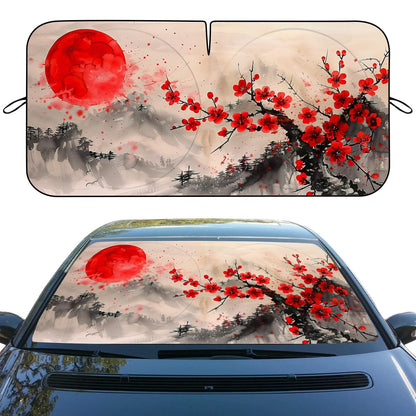 Japanese Cherry Blossoms Car Windshield Sunshade - Folding Red Sun Heatshield Front Window Sun Shade Visor Protector for Sedan, Truck, SUV - 59" L x 31.5" W