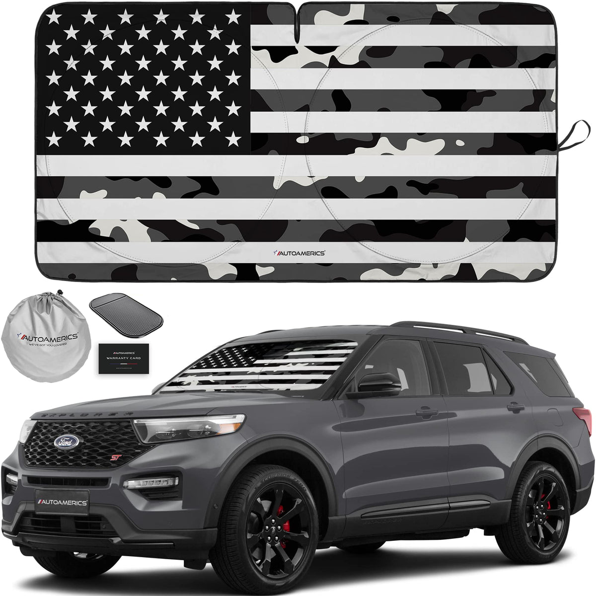 Autoamerics 1-Piece Windshield Sun Shade B&W American Flag USA Patriotic Design - Foldable Car Front Window Sunshade for Most Sedans SUV Truck - Blocks Max UV Rays and Keeps Your Vehicle Cool - Small