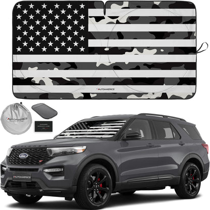 Autoamerics 1-Piece Windshield Sun Shade B&W American Flag USA Patriotic Design - Foldable Car Front Window Sunshade for Most Sedans SUV Truck - Blocks Max UV Rays and Keeps Your Vehicle Cool - Small
