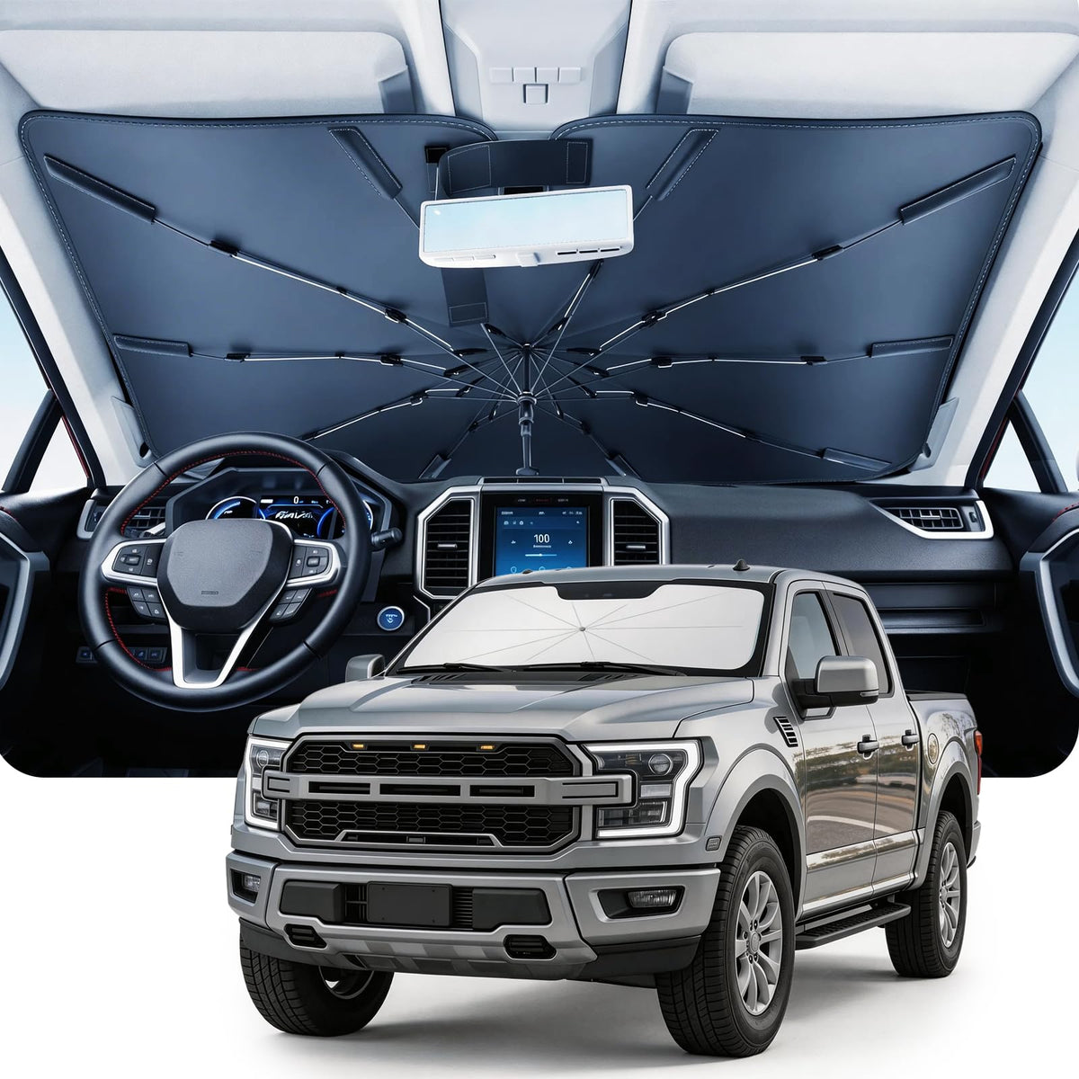 DMJN Umbrella Windshield Sun Shade for Car & SUV, Car Sunshade for Front Windshield [Nano Ice-Crystal Coatings] UPF50+ Heat & UV Block, Protect Interior & Keep Cooler Universal for Most of Sedan & SUV