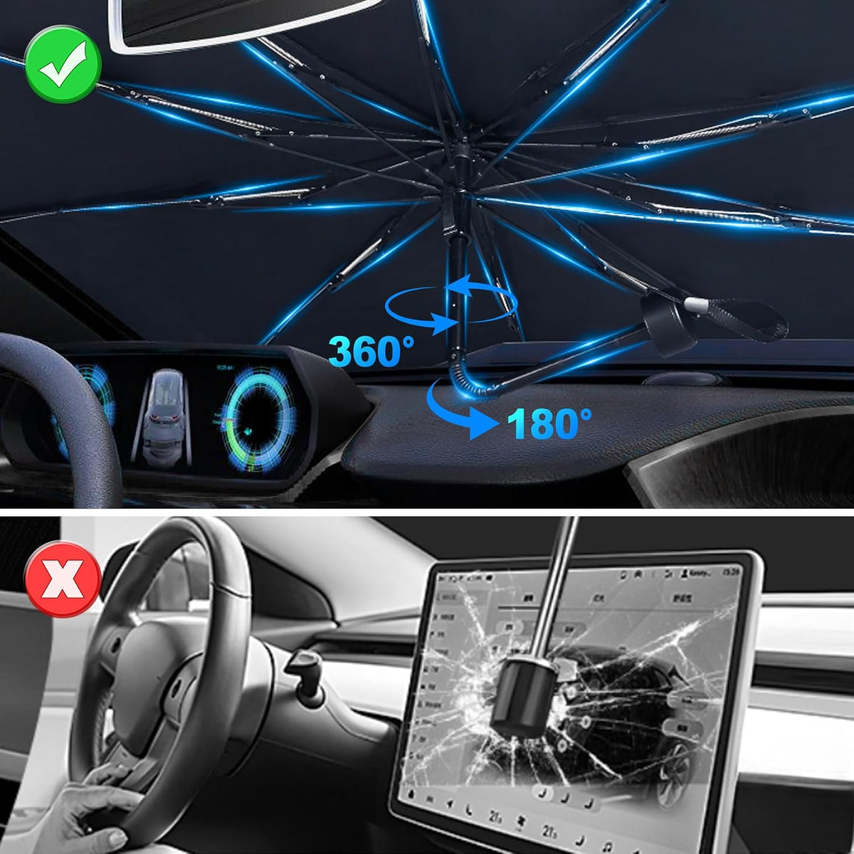 [2026 Upgrade] Car Windshield Sun Shade Umbrella - [10 Fiberglass Ribs][360° Bendable][100% Sun Block] [240T Thickened Titanium Silver ] Ice-Shield Protect Car from Sun Rays Heat Damage
