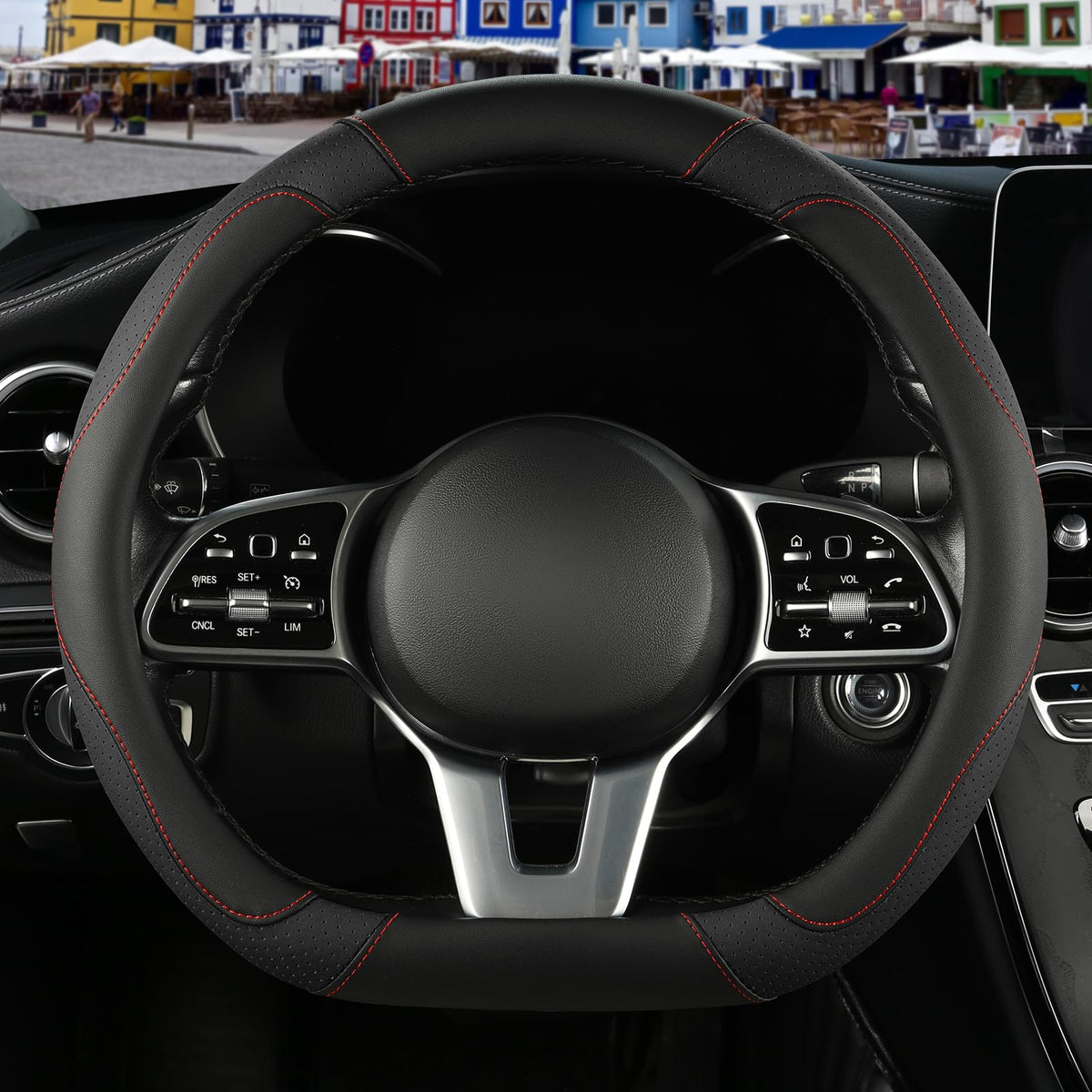Black Red Microfiber Leather Steering Wheel Cover 14 inch