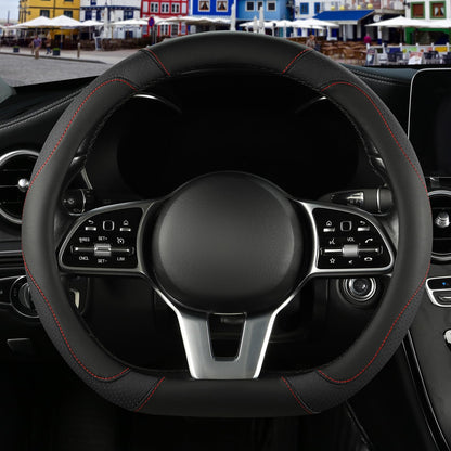 Black Red Microfiber Leather Steering Wheel Cover 14 inch