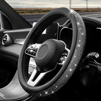 Diamond Leather Steering Wheel Cover, 15 Inch Bling Crystal Rhinestone Anti-Slip Wheel Protector, Universal Sparkling Elegant Diamond Steering Wheels Cover for Women Girl (White&Pink)