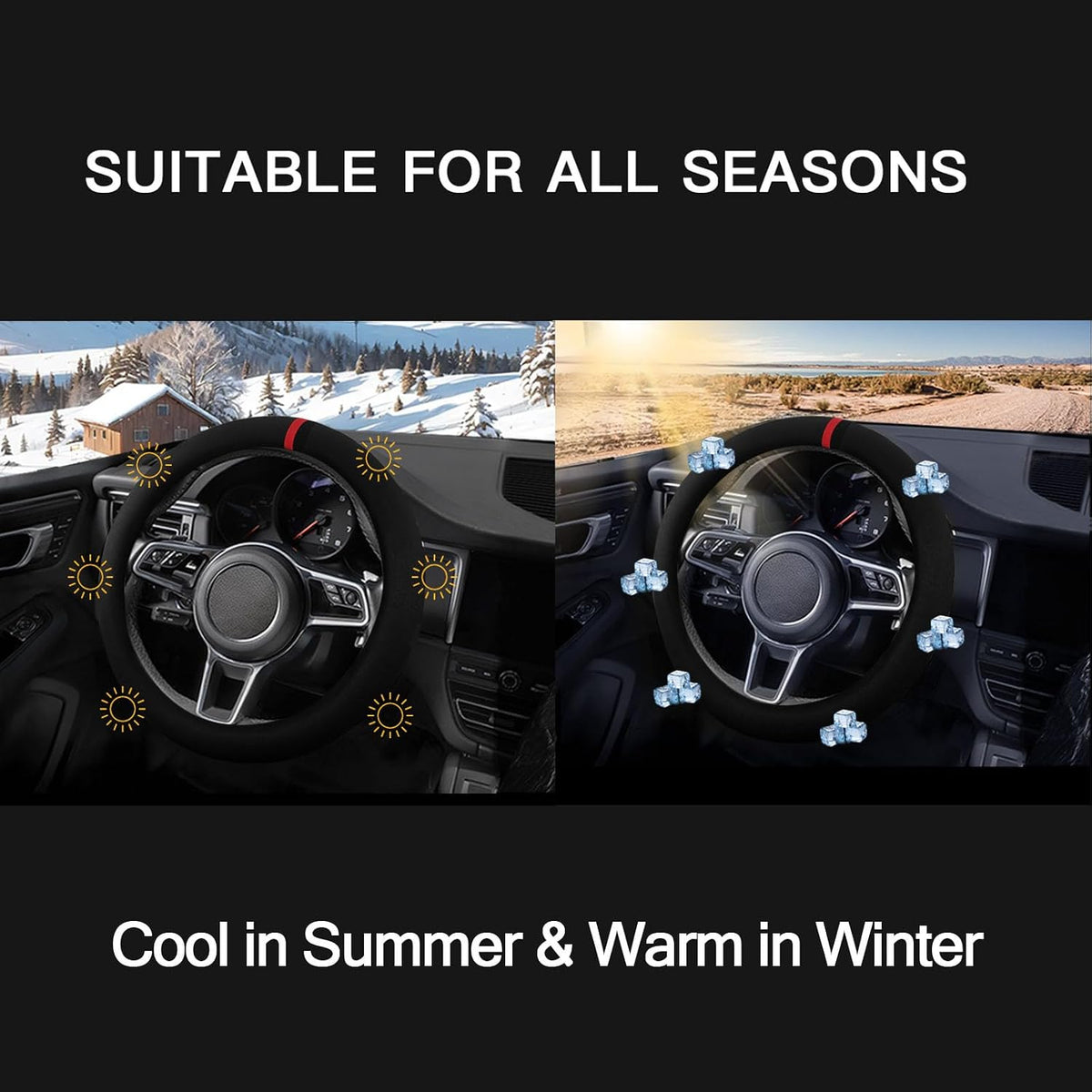 Suede Steering Wheel Cover with Upgraded Silicone Inner Ring, Anti Heat, Breathable, Anti-Slip, Leather Universal 14.5 to 15 inch Steering Wheel Cover (Black and Red, Solid)