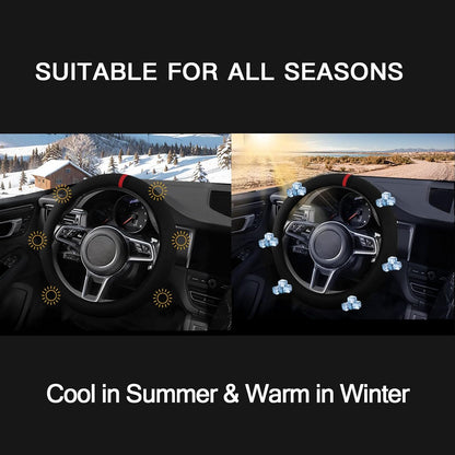 Suede Steering Wheel Cover with Upgraded Silicone Inner Ring, Anti Heat, Breathable, Anti-Slip, Leather Universal 14.5 to 15 inch Steering Wheel Cover (Black and Red, Solid)