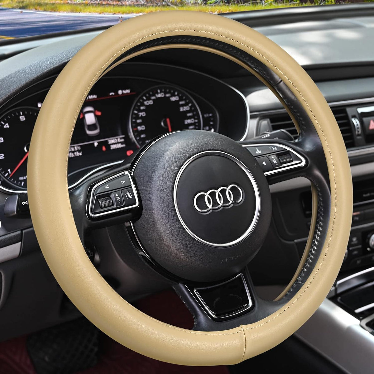 Haokay Heavy Duty Pure Cowhide Steering Wheel Cover, Black Genuine Leather Steering Wheel Cover Men Women Universal 14.5 to 15 Inch