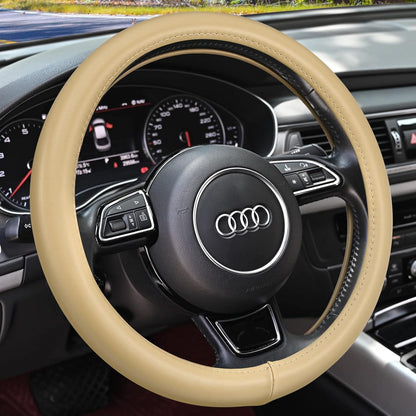 Haokay Heavy Duty Pure Cowhide Steering Wheel Cover, Black Genuine Leather Steering Wheel Cover Men Women Universal 14.5 to 15 Inch
