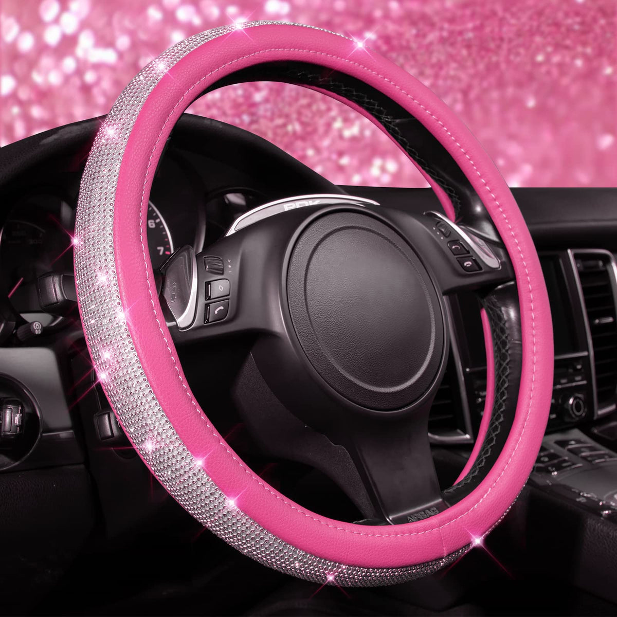 CAR PASS Bling Diamond Leather Steering Wheel Cover, with Bling Sparkly Crystal Glitter Rhinestones Universal Fit 14" 1/2-15" Car Wheel Protect for Women Girl Fit Suvs,Vans,Sedans,Cars,Trucks, Blue