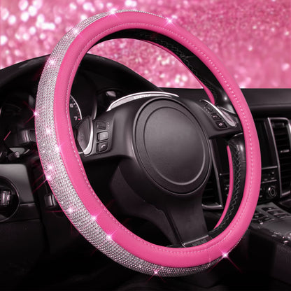 CAR PASS Bling Diamond Leather Steering Wheel Cover, with Bling Sparkly Crystal Glitter Rhinestones Universal Fit 14.5in-15in Car Wheel Protector for Women Girl Fit Suvs,Vans,Sedans,Car,Trucks, Silver