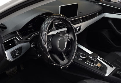 KAFEEK Diamond Leather Steering Wheel Cover, 15 Inch, Black