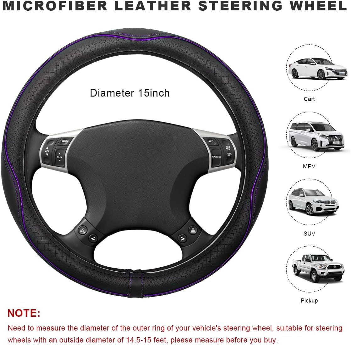 Car Steering Wheel Cover, 15 Inch Anti-Slip Breathable Leather Auto Steering Wheel Protector, Full Surround Soft Steering Wheel Cover for Men Women, Car Interior Accessories (Black & Purple)