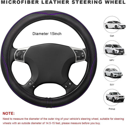 Car Steering Wheel Cover, 15 Inch Anti-Slip Breathable Leather Auto Steering Wheel Protector, Full Surround Soft Steering Wheel Cover for Men Women, Car Interior Accessories (Black & Purple)