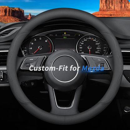 Custom-Fit for Mazda Steering Wheel Cover, Premium Leather Car Steering Wheel Cover with Logo, Non-Slip, Breathable (B-Style,for Mazda)