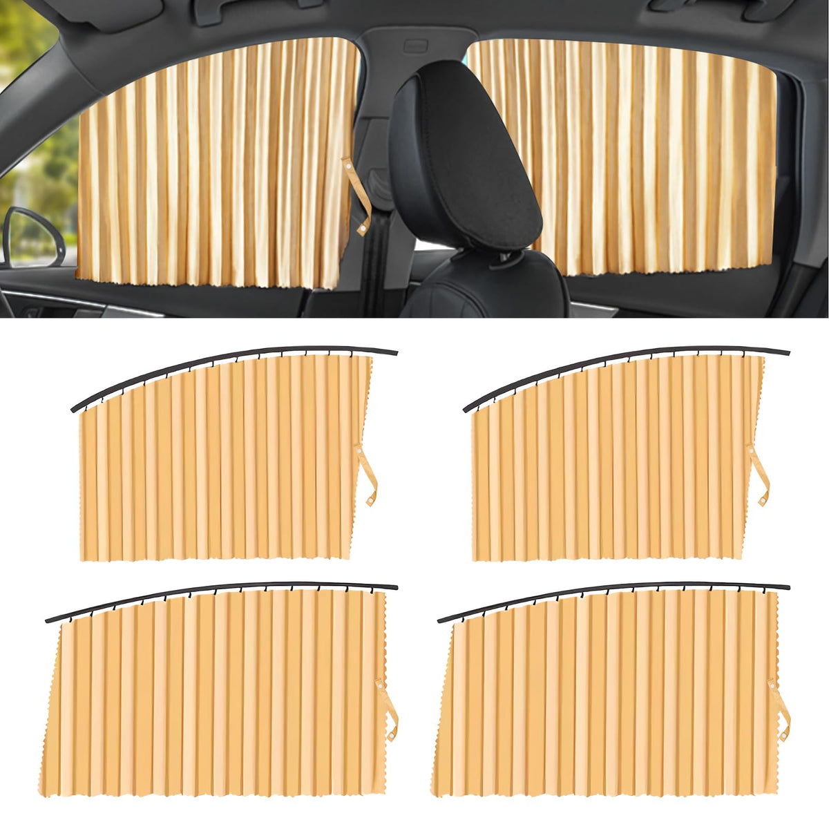 Upgrade 4 Pack Slide Rail Car Window Sun Shades for Side Window Magnetic Car Curtains for Privacy Car Window Covers Blackout Blinds to a Classy Ride for Camping Sleeping (with Straps - Black)