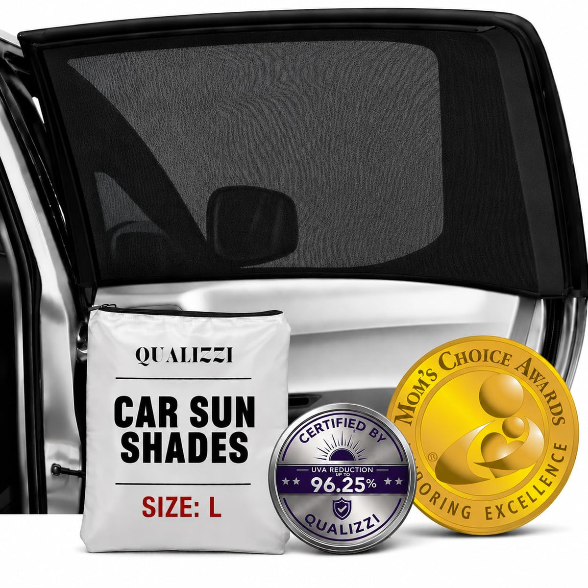 XL/Car Side Window Shades for SUV. 8 Sizes/2 Pack. Stretch-to-Fit Mesh for Rear Windows Up to H:20" x W:46". Sun, Heat & Bugs Protection, Blocks 96% UVA. Camping Windows Screens | Qualizzi®