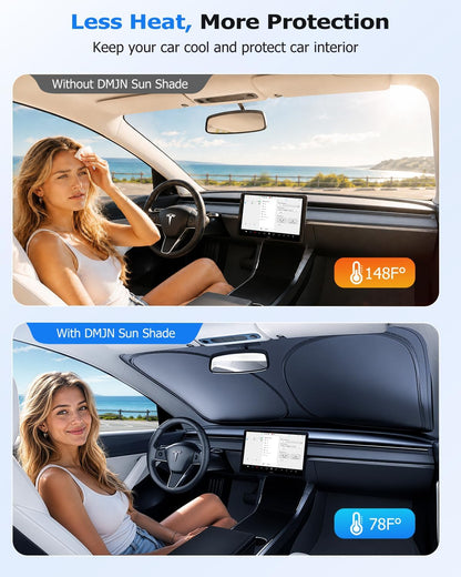 DMJN Front Windshield Sun Shade for Universal Medium Size, [Nano Ice-Crystal Coatings] UPF50+ Heat & UV Block, Protect Car Interior & Keep Cool, Flodable Steel-Ring Car Cover for Summer
