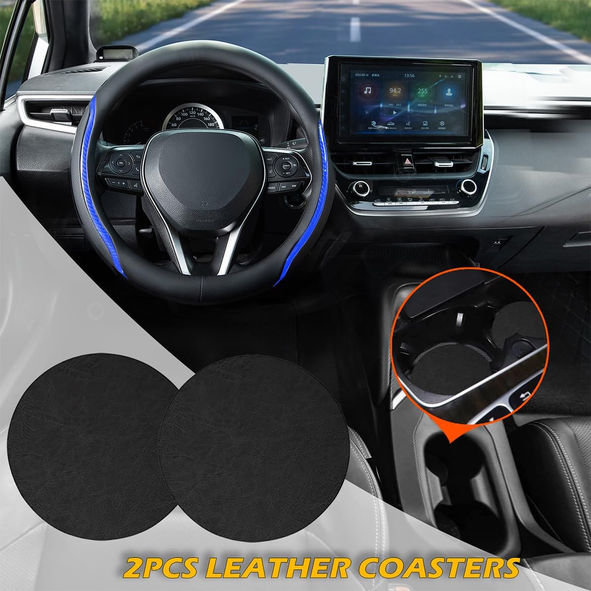 Steering Wheel Cover Blue and Black Leather Universal 14.5-15 inch