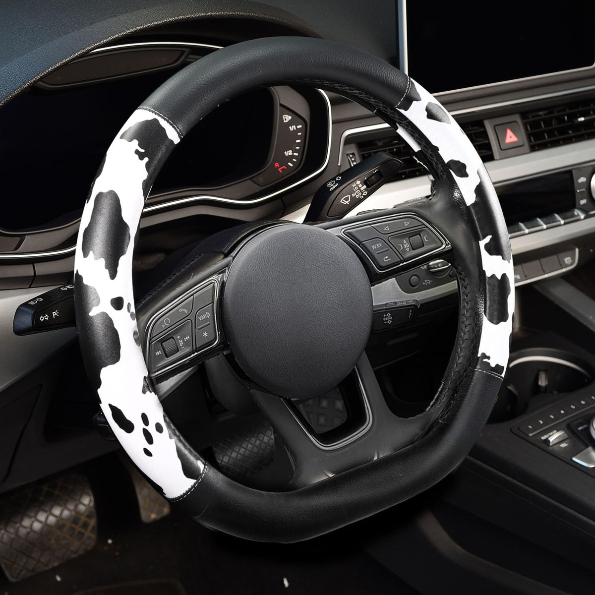 Cow Print Steering Wheel Cover,14.5-15",Microfiber Leather,Anti-Slip,Women