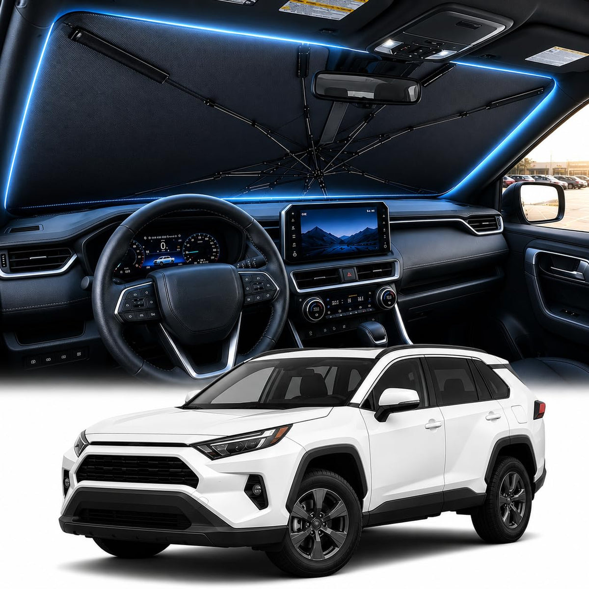 [2026 Upgraed] DooGooCoo Windshield Sun Shade Umbrella for Toyota Tacoma [100% Sunlight Blocked, Ice Crystal Cool] Sunshade for Car Windshield for Tacoma Sun Shade 2016-2026, Custom Fit for Tacoma.