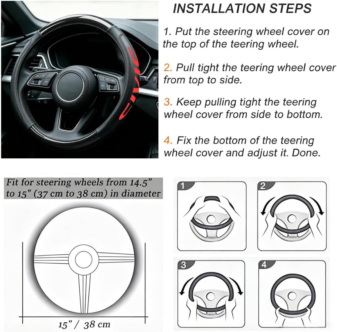 Carbon Fiber PU Leather Steering Wheel Cover Compatible with Honda Civic car Accessories,Non-Slip, Breathable 15-16.5 inch