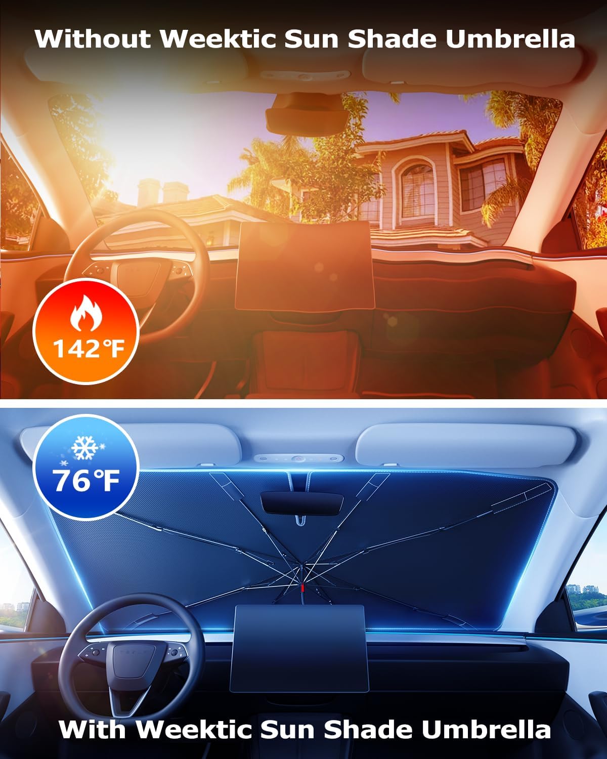 [2026 Upgrade] Weektic Windshield Sun Shade Umbrella [UPF50+ Crystal Nano Reflector] Protect Car from Sun Ray Damage, Umbrella Sun Shade for Car SUV Truck Keep Cool & Comfy, X-Large (64" L x 34" W)