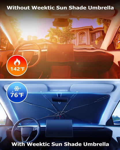 [2026 Upgrade] Weektic Windshield Sun Shade Umbrella [UPF50+ Crystal Nano Reflector] Protect Car from Sun Ray Damage, Umbrella Sun Shade for Car SUV Truck Keep Cool & Comfy, X-Large (64" L x 34" W)