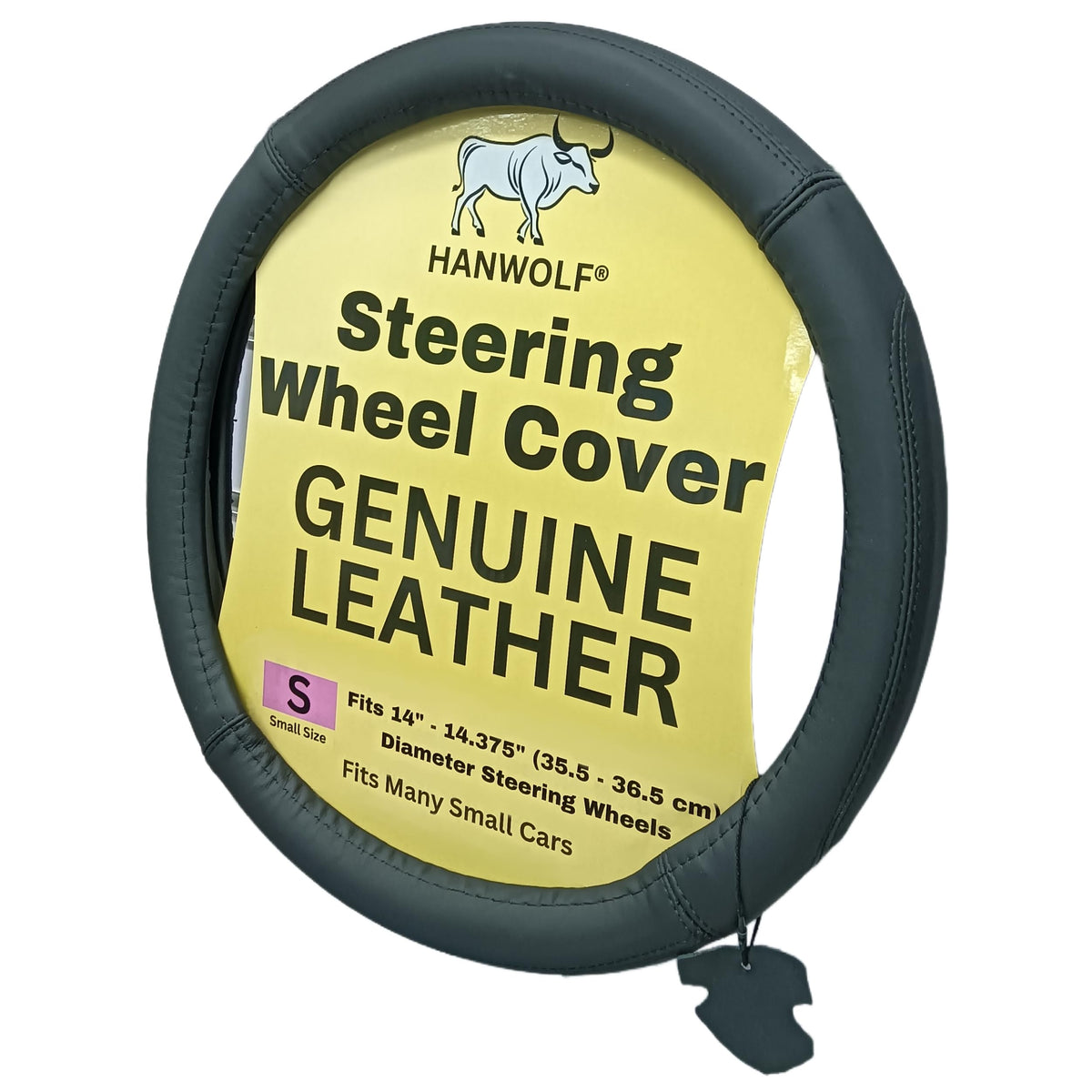 Steering Wheel Cover, Black, Real Genuine Leather, 15 inch, for Men and Women, Universal, Stretch On, Heat Resistant, Stays Cool, Non-Slip, HANWOLF