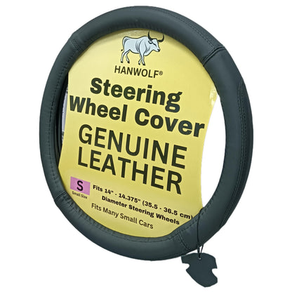 Steering Wheel Cover, Black, Real Genuine Leather, 15 inch, for Men and Women, Universal, Stretch On, Heat Resistant, Stays Cool, Non-Slip, HANWOLF