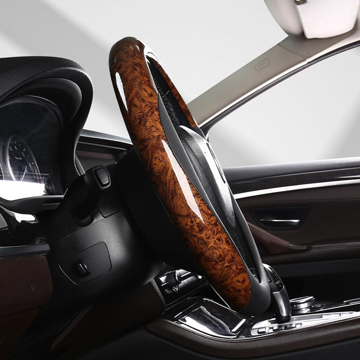KAFEEK Wood Grain Steering Wheel Cover, 14 1/2-15 Inch, Brown