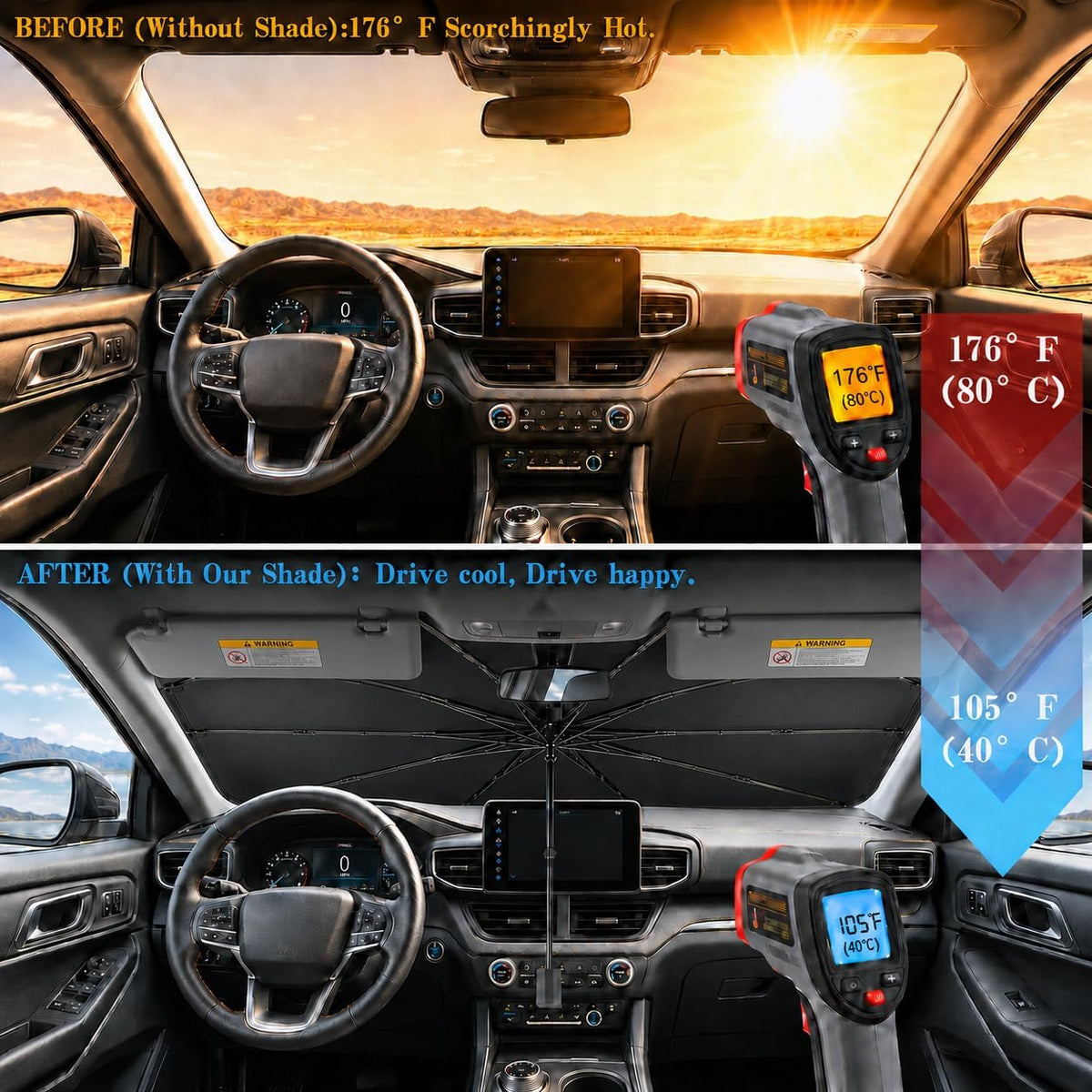 Car Windshield Sun Shade Umbrella, Univeral Fit Mid-Large Sedan & SUV