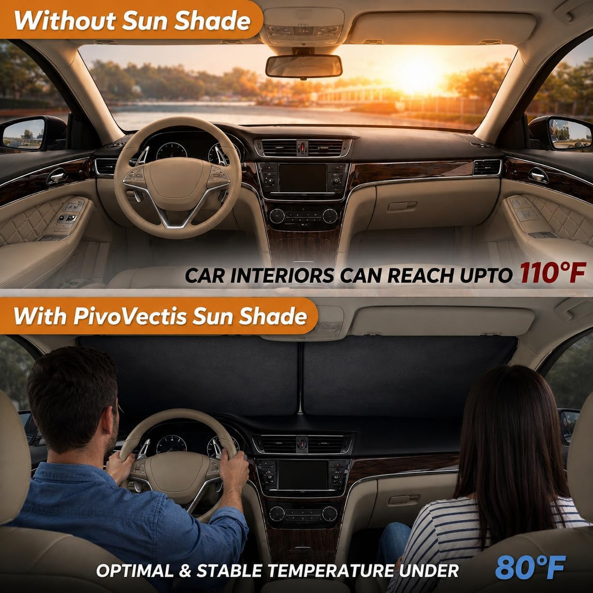 2 Piece Sun Shade for Car Windshield Foldable 280T Car Sunshade