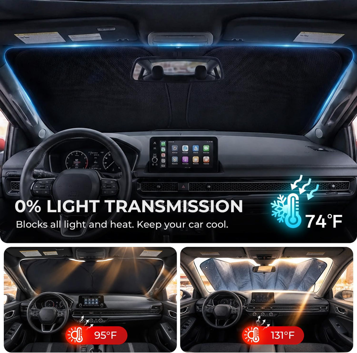 [2026 Upgraded] DooGooCcoo Windshield Sun Shade for Honda Civic 2022-2025 2026 [Cooling Ice-Crystal, 100% Sun Block ] Sunshade for Car Windshield for Honda Civic Sun Shade, Custom Fit Civic.